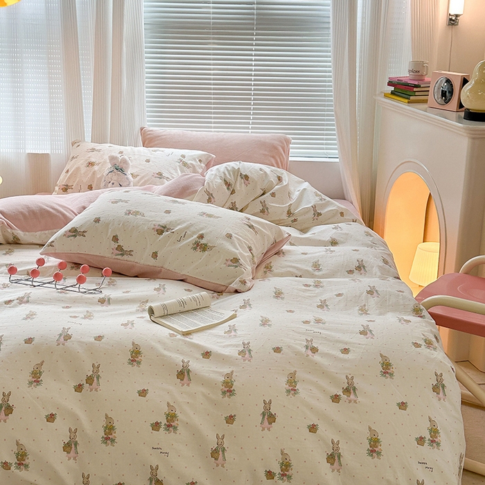 91家纺网 家纺一手货源 找家纺 昔可家纺 2024新款秋冬新款棉加牛奶绒四件套 甜心篮子兔