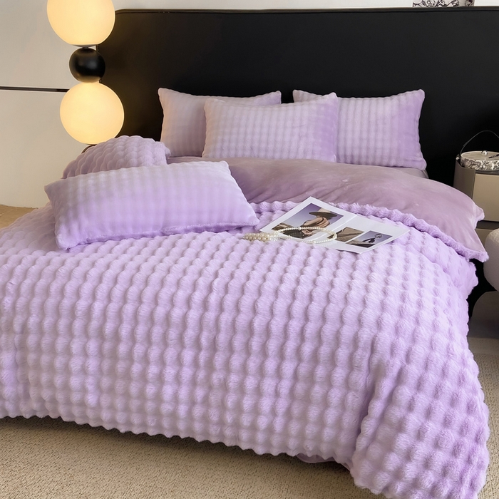 91家纺网 家纺一手货源 找家纺 品乐家纺 2024新款A类泡泡兔绒四件套 泡泡  梦幻紫