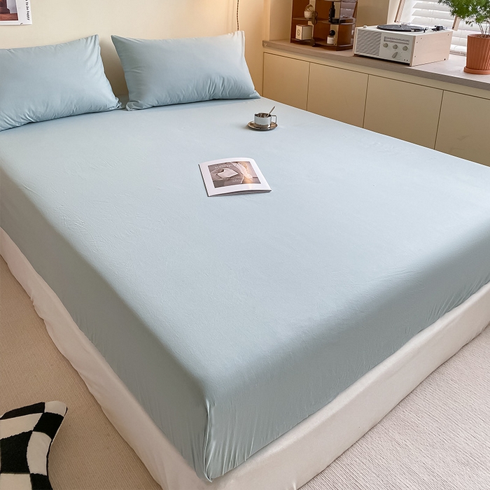 91家纺网 家纺一手货源 找家纺 眠帛家居 2024新款A类亲肤水洗棉纯色单品床笠三件套 繁星蓝