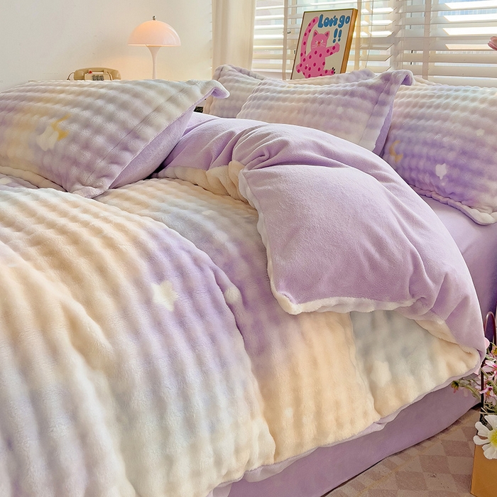 91家纺网 家纺一手货源 找家纺 梵克保罗 2024秋冬新款加厚泡泡牛奶绒数码印花工艺立体仿兔毛四件套 梦幻星空