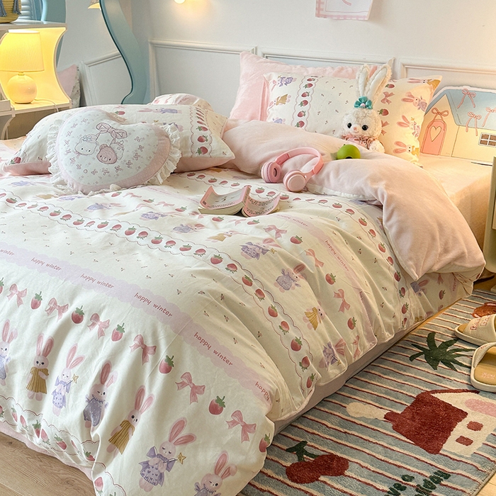 91家纺网 家纺一手货源 找家纺 昔可家纺 2024新款秋冬新款棉加牛奶绒四件套 仙女小兔