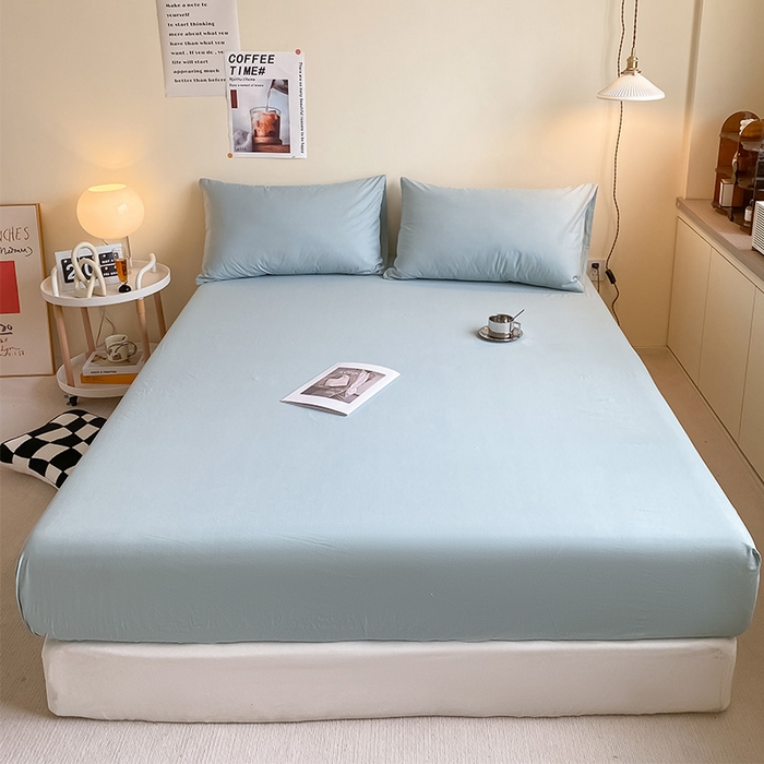 91家纺网 家纺一手货源 找家纺 眠帛家居 2024新款A类亲肤水洗棉纯色单品床笠三件套 繁星蓝