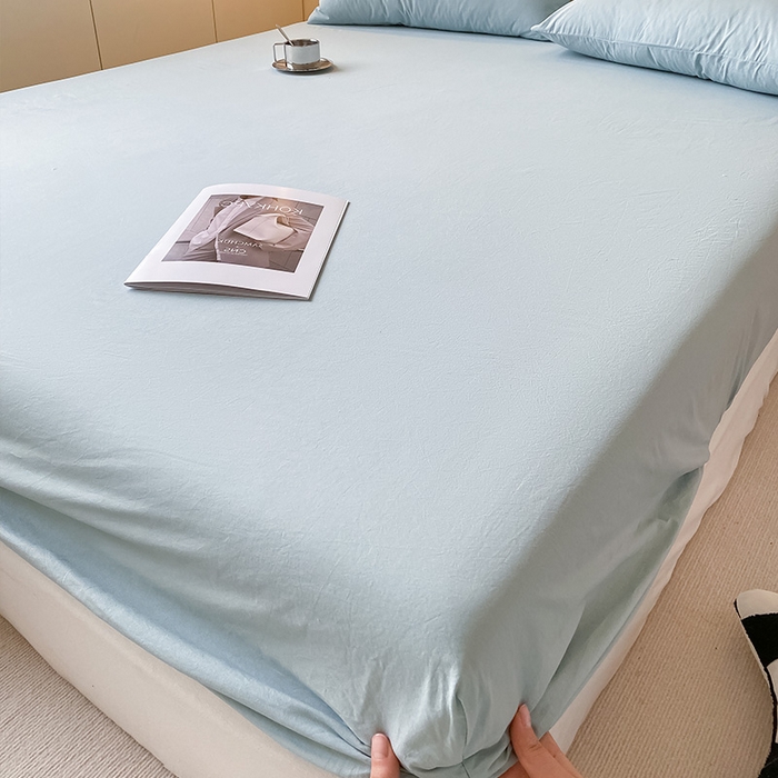 91家纺网 家纺一手货源 找家纺 眠帛家居 2024新款A类亲肤水洗棉纯色单品床笠三件套 繁星蓝