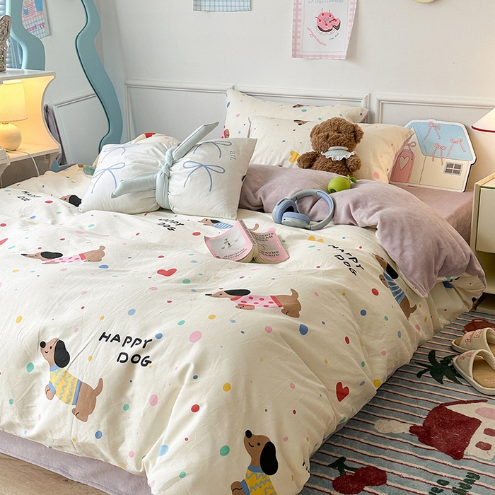 91家纺网 家纺一手货源 找家纺 昔可家纺 2024新款秋冬新款棉加牛奶绒四件套 毛衣腊肠狗