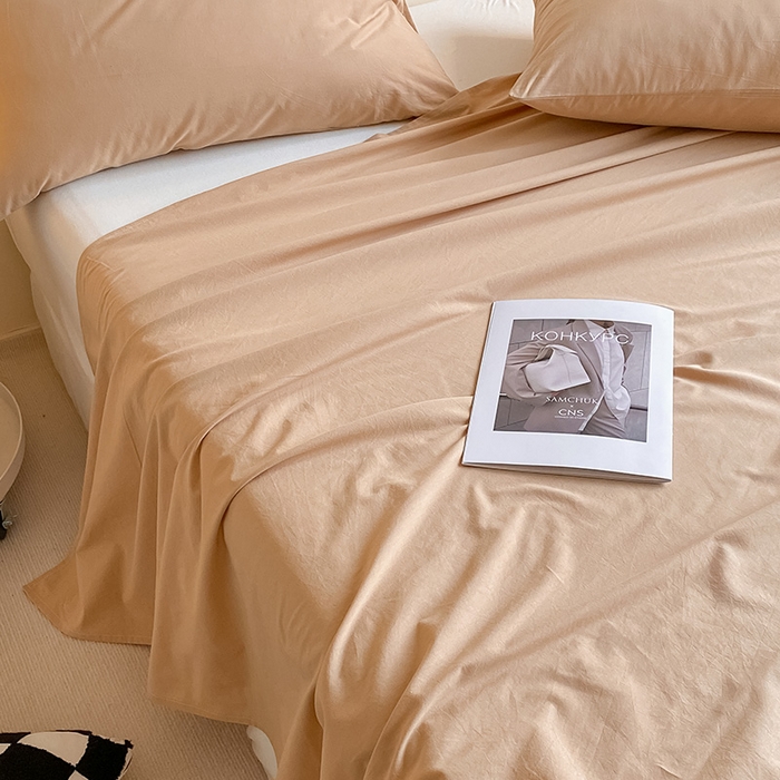 91家纺网 家纺一手货源 找家纺 眠帛家居 2024新款A类亲肤水洗棉纯色单品床单三件套 奶茶