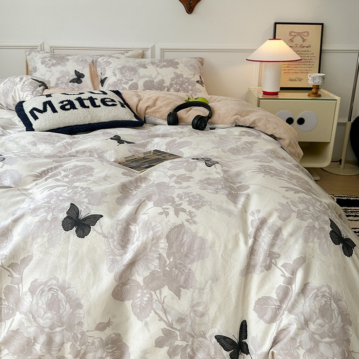 91家纺网 家纺一手货源 找家纺 昔可家纺 2024新款秋冬新款棉加牛奶绒四件套 暗蝶花影