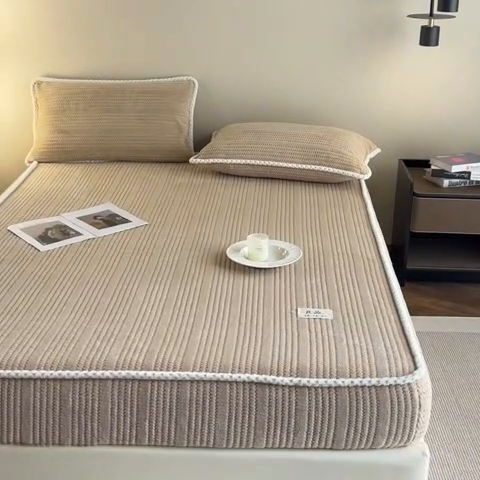 91家纺网 家纺一手货源 找家纺 欧邦 新款提花针织绒牛奶绒铂金系列床笠三件套四件套 针织绒-奶茶咖