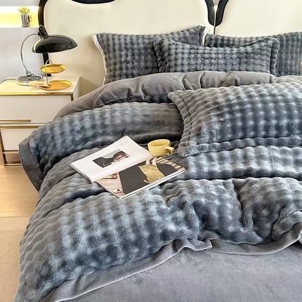 玖琳家纺 2024新款A类大泡泡懒兔毛绒+牛奶绒四件套 灰色