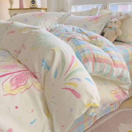 91家纺网 家纺一手货源 找家纺 优选良品 2025直播爆款加厚全棉磨毛四件套喷气印花纯棉（一字绣工艺款）学生三件套9月上新 恋蝶花瑶