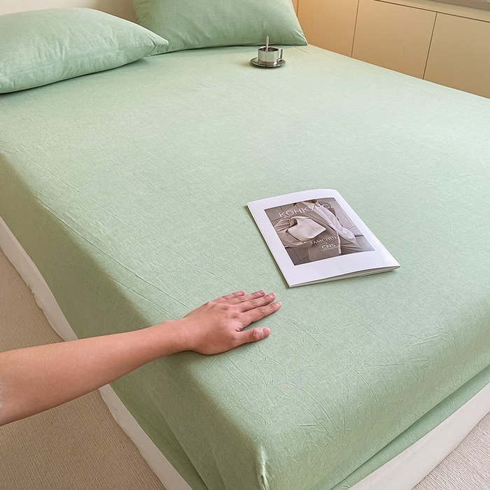 91家纺网 家纺一手货源 找家纺 眠帛家居 2024新款A类亲肤水洗棉纯色单品床笠三件套 果绿