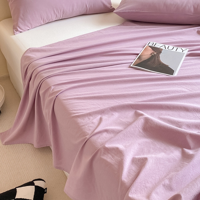 91家纺网 家纺一手货源 找家纺 眠帛家居 2024新款A类亲肤水洗棉纯色单品床单三件套 浅紫