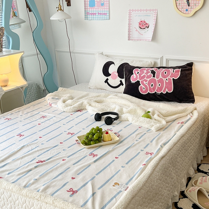 91家纺网 家纺一手货源 找家纺 昔可家纺 2024新款羊羔绒牛奶绒毛毯系列（三）-场景二-少女风系列 梦幻蝴蝶结