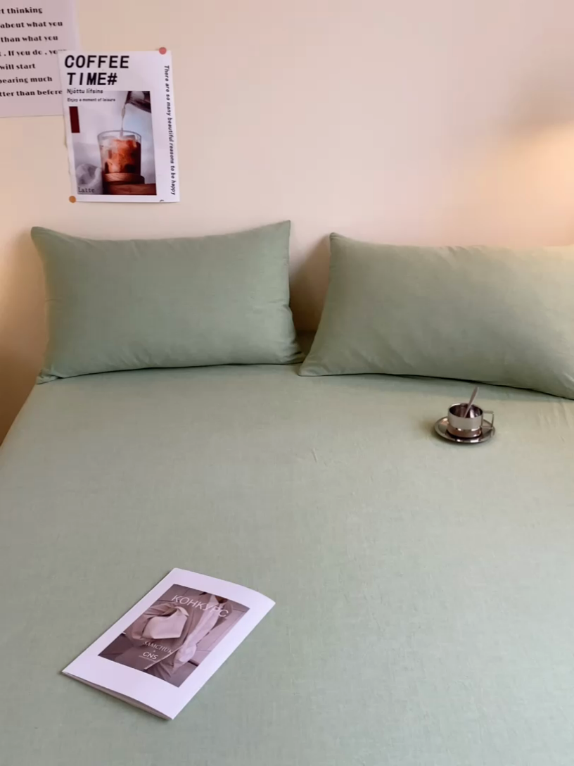 91家纺网 家纺一手货源 找家纺 眠帛家居 2024新款A类亲肤水洗棉纯色单品床笠三件套 果绿