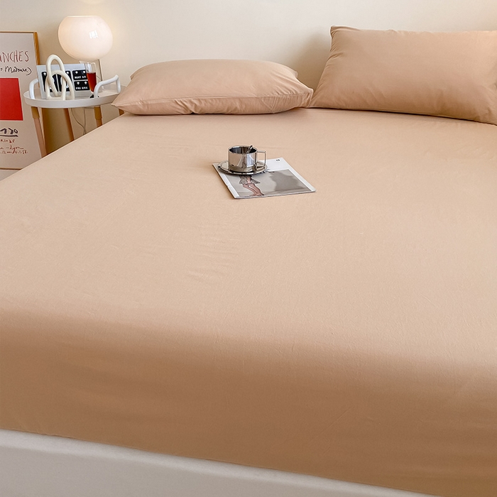 91家纺网 家纺一手货源 找家纺 眠帛家居 2024新款A类亲肤水洗棉纯色单品床笠三件套 奶茶