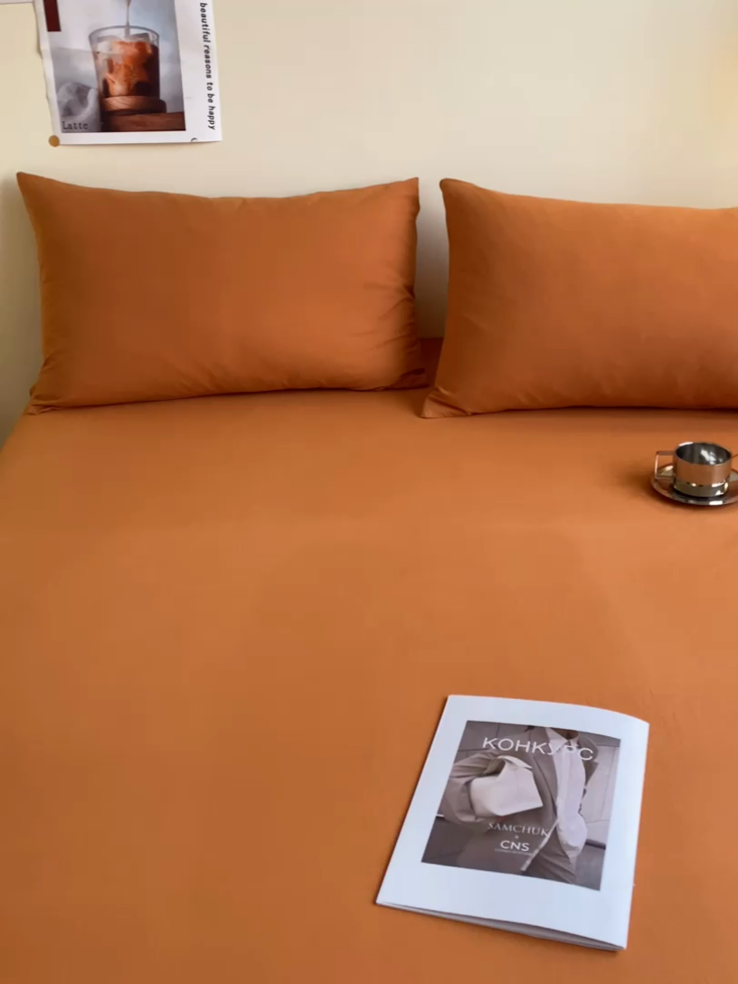 91家纺网 家纺一手货源 找家纺 眠帛家居 2024新款A类亲肤水洗棉纯色单品床笠三件套 焦糖