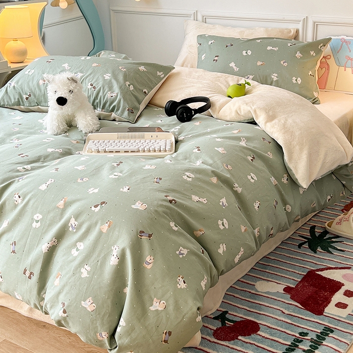 91家纺网 家纺一手货源 找家纺 昔可家纺 2024新款秋冬新款棉加牛奶绒四件套 伙伴狗狗