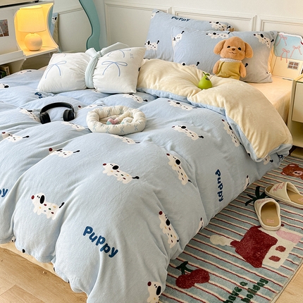 昔可家纺 2024新款印花牛奶绒四件套系列-卡通系列 糖果小狗