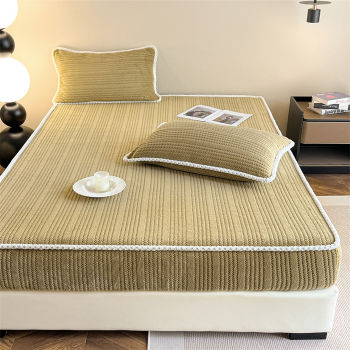 91家纺网 家纺一手货源 找家纺 欧邦 新款提花针织绒牛奶绒铂金系列床笠三件套四件套 针织绒-摩卡棕