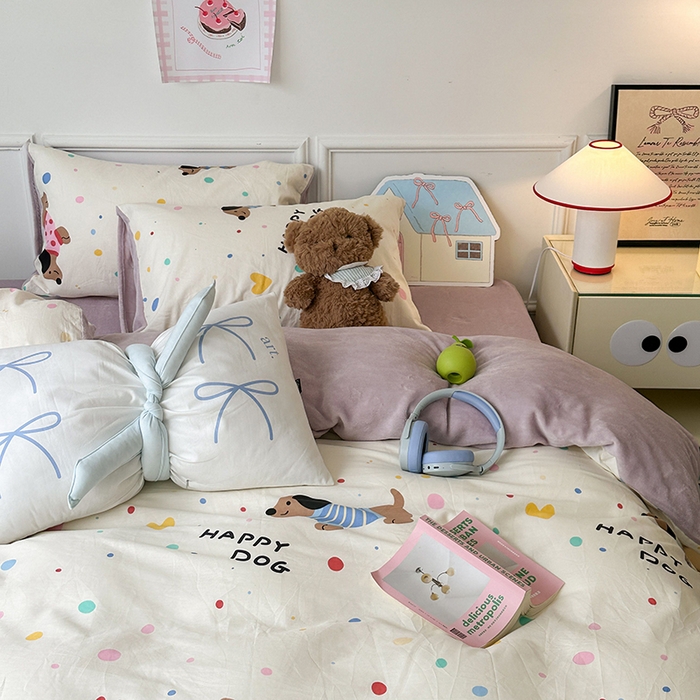 91家纺网 家纺一手货源 找家纺 昔可家纺 2024新款秋冬新款棉加牛奶绒四件套 毛衣腊肠狗