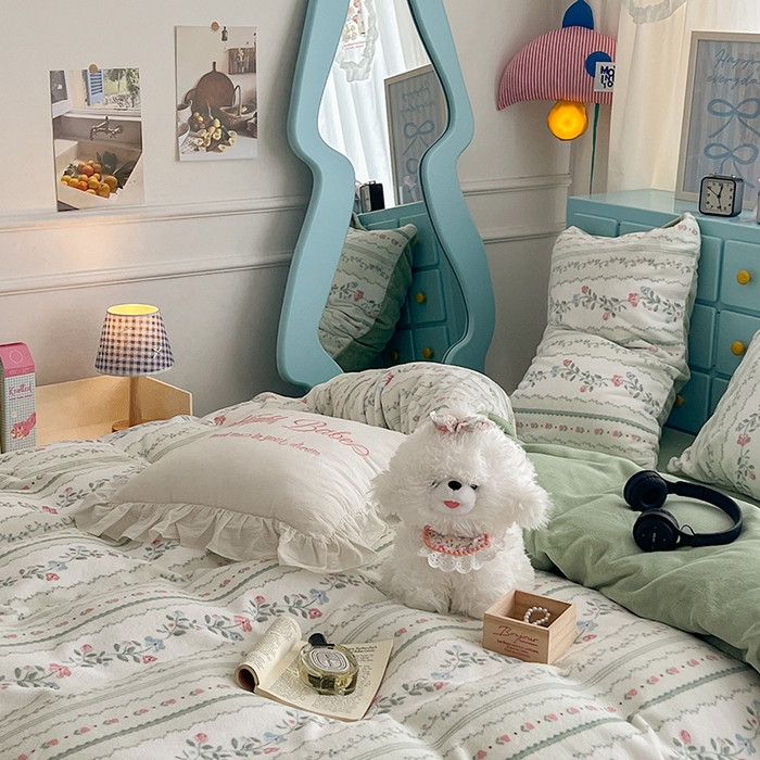 91家纺网 家纺一手货源 找家纺 昔可家纺 2024新款印花牛奶绒四件套系列-复古小清新系列 琉璃花语 绿