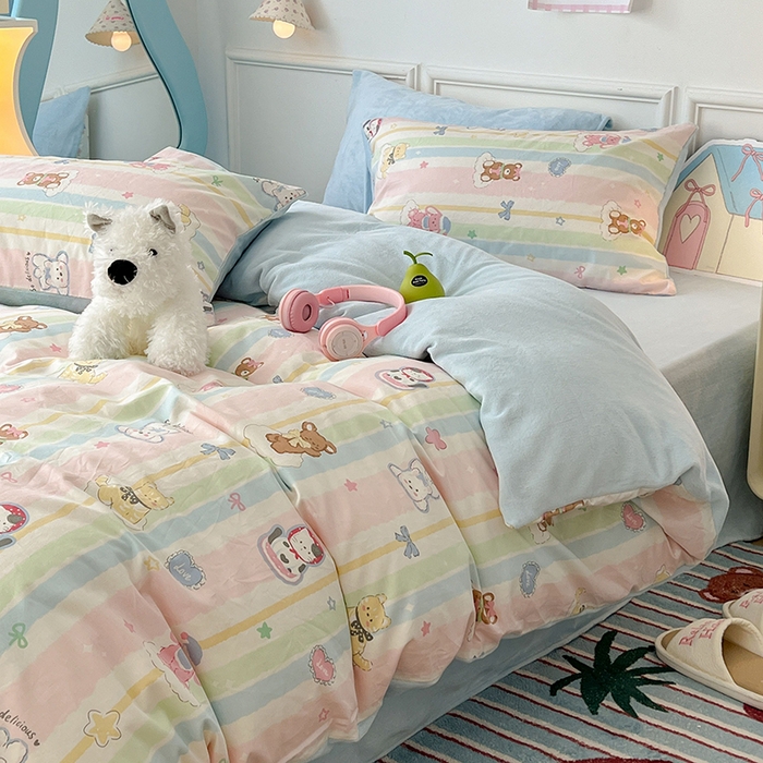 91家纺网 家纺一手货源 找家纺 昔可家纺 2024新款秋冬新款棉加牛奶绒四件套 欢乐彩虹岛