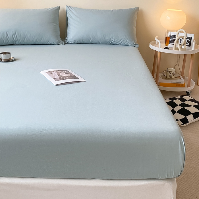 91家纺网 家纺一手货源 找家纺 眠帛家居 2024新款A类亲肤水洗棉纯色单品床笠三件套 繁星蓝