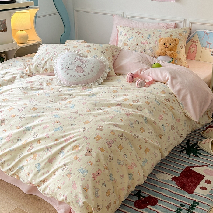 91家纺网 家纺一手货源 找家纺 昔可家纺 2024新款秋冬新款棉加牛奶绒四件套 可爱小萌物