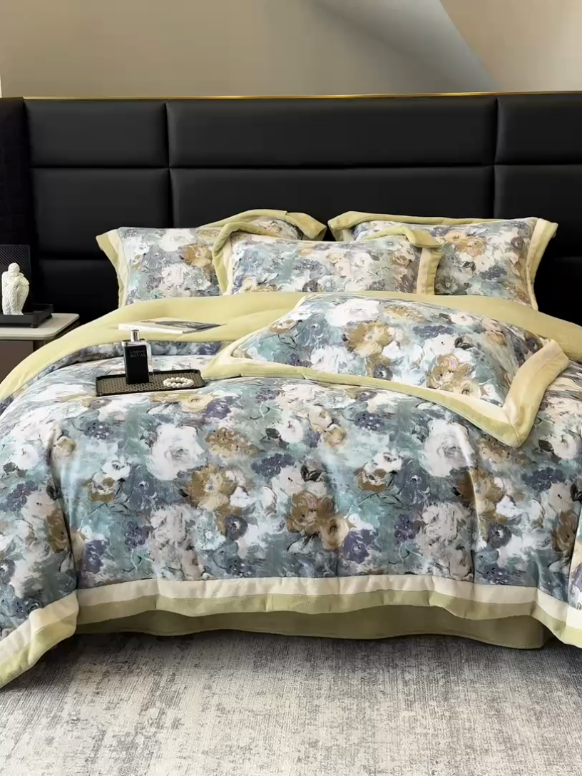 91家纺网 家纺一手货源 找家纺 凡客家居 2024新款高克重牛奶绒数码印花双拼角四件套 温斯顿