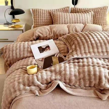 玖琳家纺 2024新款A类大泡泡懒兔毛绒+牛奶绒四件套 深咖