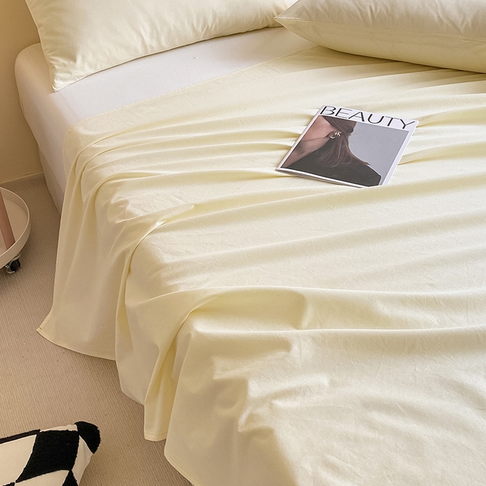 91家纺网 家纺一手货源 找家纺 眠帛家居 2024新款A类亲肤水洗棉纯色单品床单三件套 奶黄