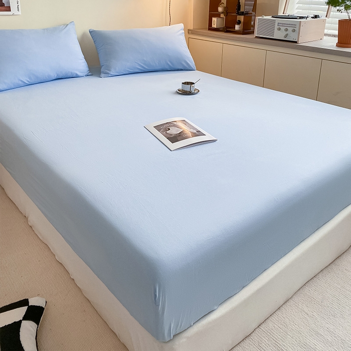 91家纺网 家纺一手货源 找家纺 眠帛家居 2024新款A类亲肤水洗棉纯色单品床笠三件套 天空蓝