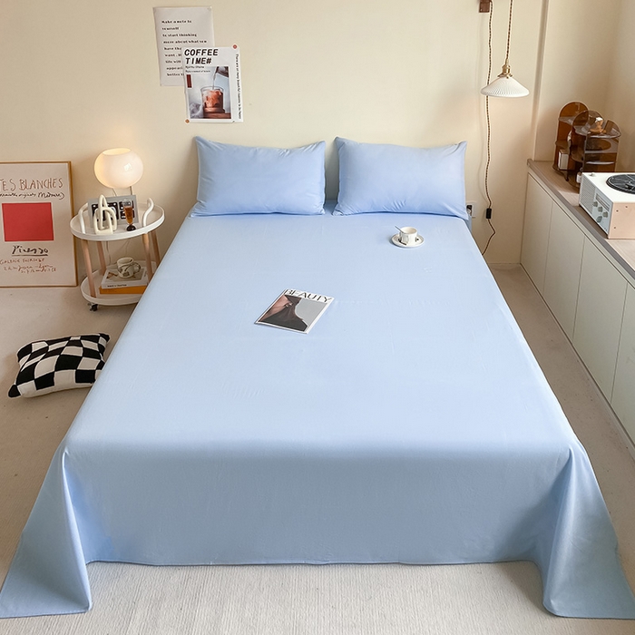 91家纺网 家纺一手货源 找家纺 眠帛家居 2024新款A类亲肤水洗棉纯色单品床单三件套 天空蓝