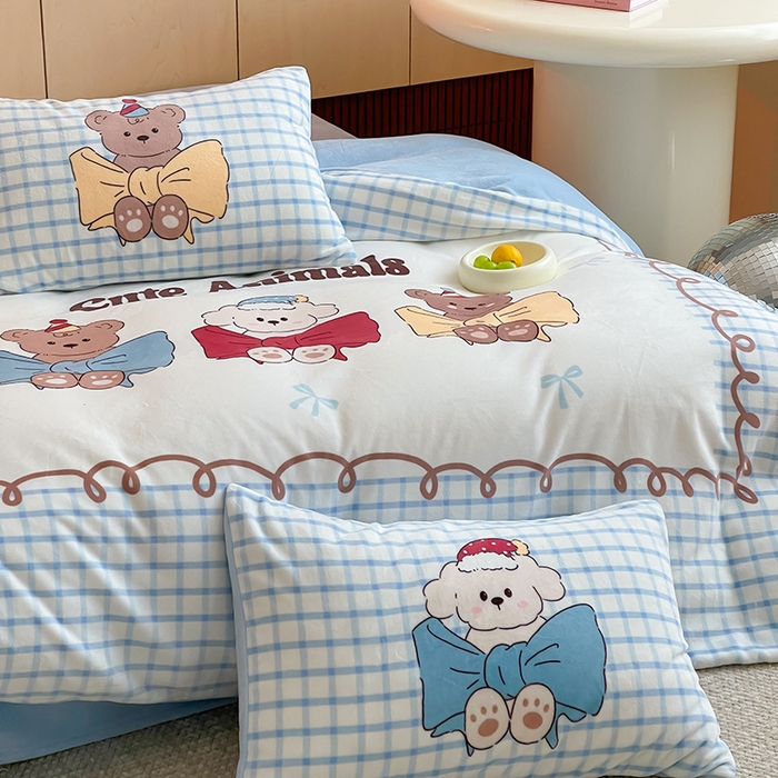 91家纺网 家纺一手货源 找家纺 昔可家纺 2024新款大版数码印花设计师牛奶绒四件套 蝴蝶结派对