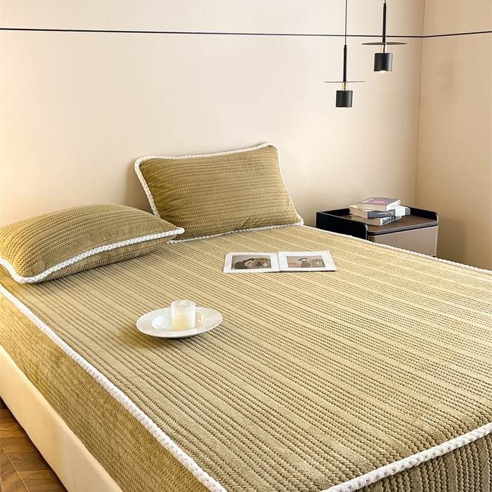 91家纺网 家纺一手货源 找家纺 欧邦 新款提花针织绒牛奶绒铂金系列床笠三件套四件套 针织绒-摩卡棕