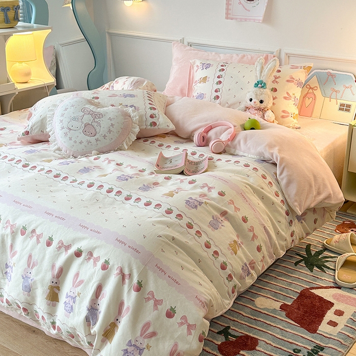 91家纺网 家纺一手货源 找家纺 昔可家纺 2024新款秋冬新款棉加牛奶绒四件套 仙女小兔