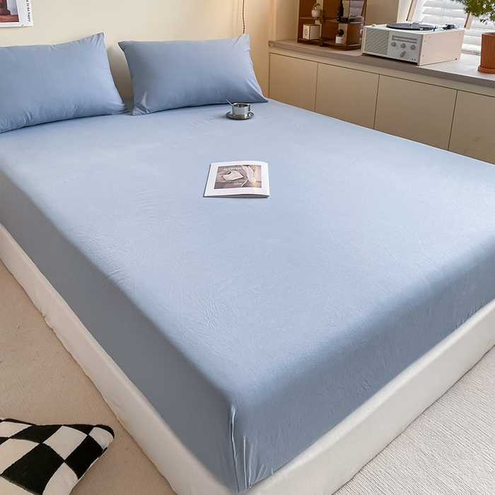 91家纺网 家纺一手货源 找家纺 眠帛家居 2024新款A类亲肤水洗棉纯色单品床笠三件套 蓝灰