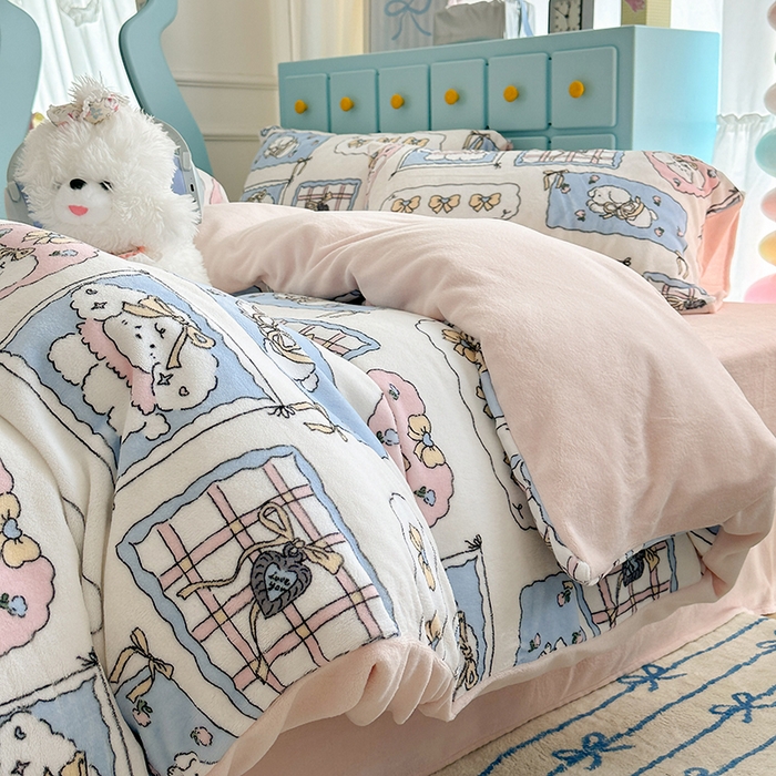 91家纺网 家纺一手货源 找家纺 昔可家纺 2024新款印花牛奶绒四件套系列-卡通系列 泡芙卷卷