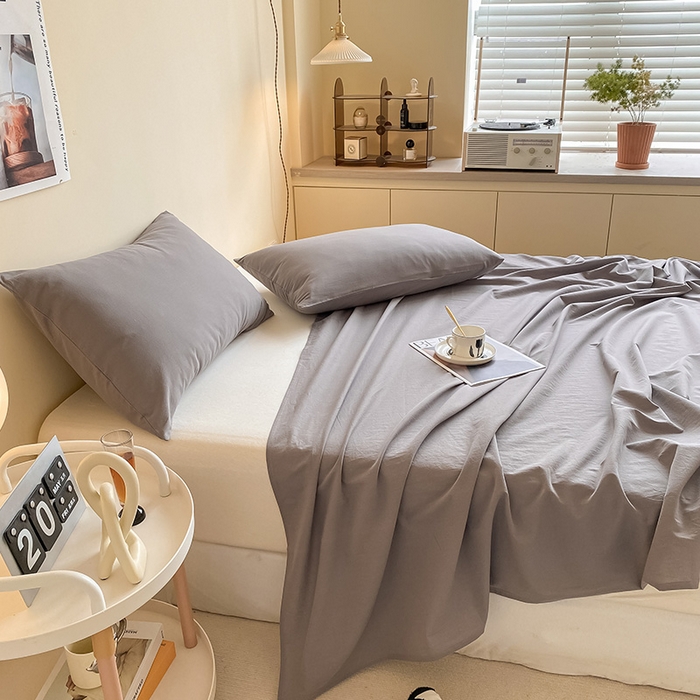 91家纺网 家纺一手货源 找家纺 眠帛家居 2024新款A类亲肤水洗棉纯色单品床单三件套 浅灰