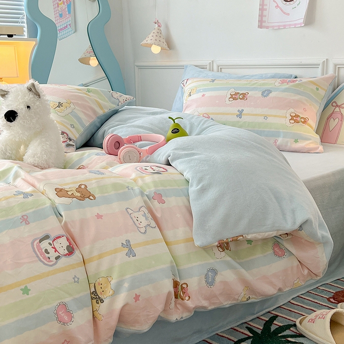 91家纺网 家纺一手货源 找家纺 昔可家纺 2024新款秋冬新款棉加牛奶绒四件套 欢乐彩虹岛