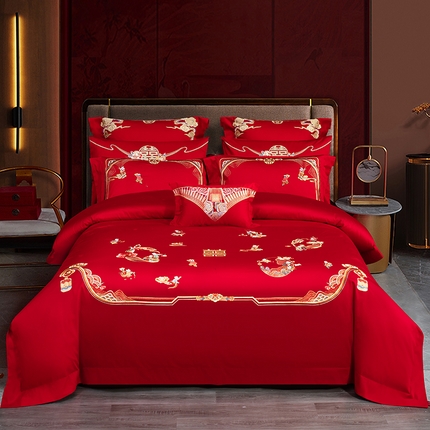 蒂爵 全棉纯棉长绒棉时尚绣花婚庆四件套多件套 五子登科