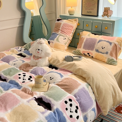 昔可家纺 2024新款印花牛奶绒四件套系列-卡通系列 方块小狗
