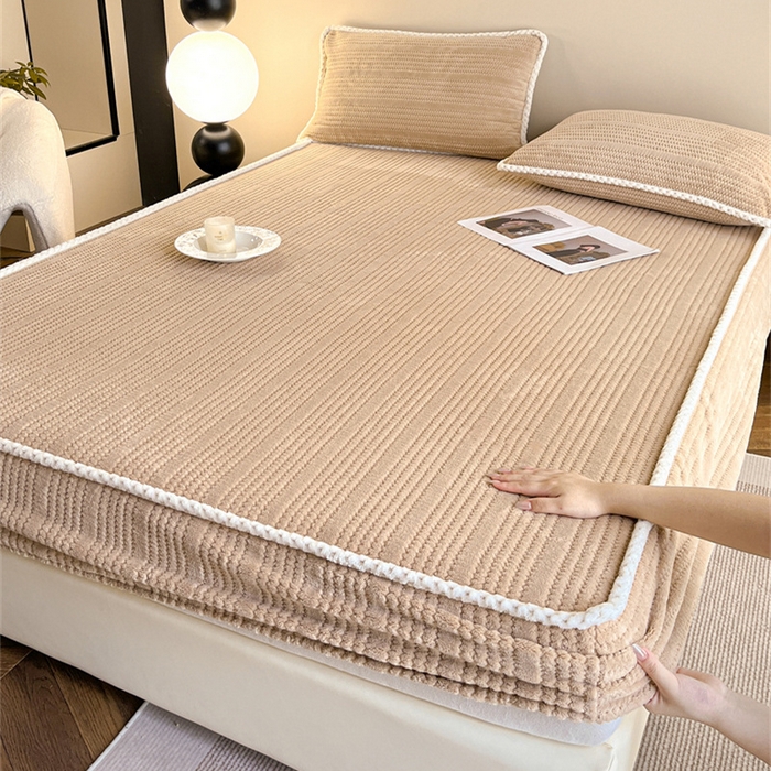 91家纺网 家纺一手货源 找家纺 欧邦 新款提花针织绒牛奶绒铂金系列床笠三件套四件套 针织绒-奶茶咖