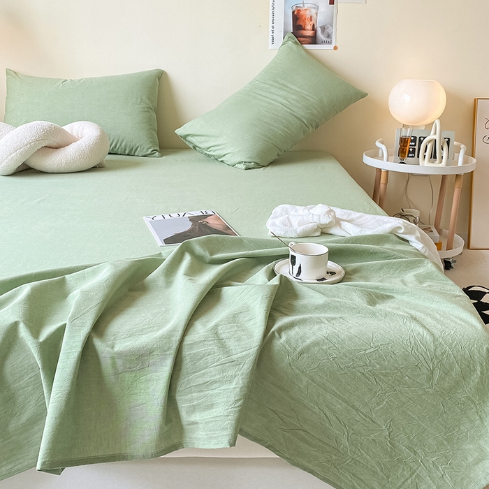 91家纺网 家纺一手货源 找家纺 眠帛家居 2024新款A类亲肤水洗棉纯色单品床单三件套 果绿