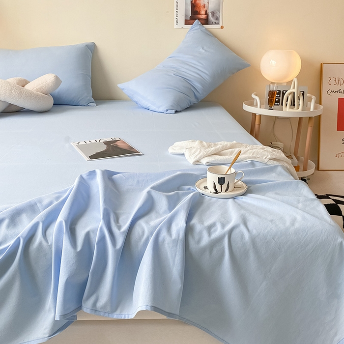 91家纺网 家纺一手货源 找家纺 眠帛家居 2024新款A类亲肤水洗棉纯色单品床单三件套 天空蓝