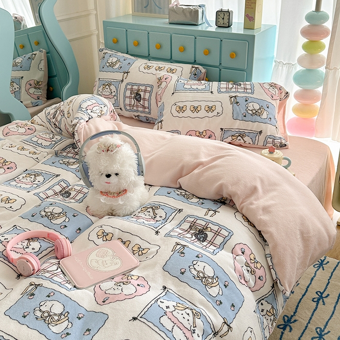 91家纺网 家纺一手货源 找家纺 昔可家纺 2024新款印花牛奶绒四件套系列-卡通系列 泡芙卷卷
