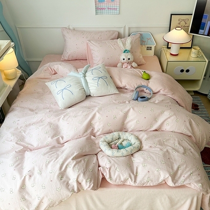 昔可家纺 2024新款秋冬新款棉加牛奶绒四件套 粉粉小比熊