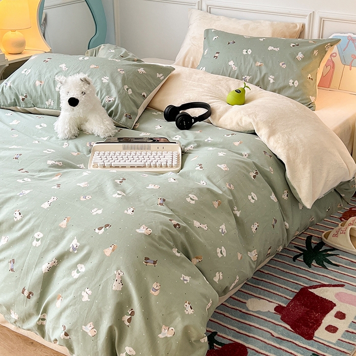 91家纺网 家纺一手货源 找家纺 昔可家纺 2024新款秋冬新款棉加牛奶绒四件套 伙伴狗狗