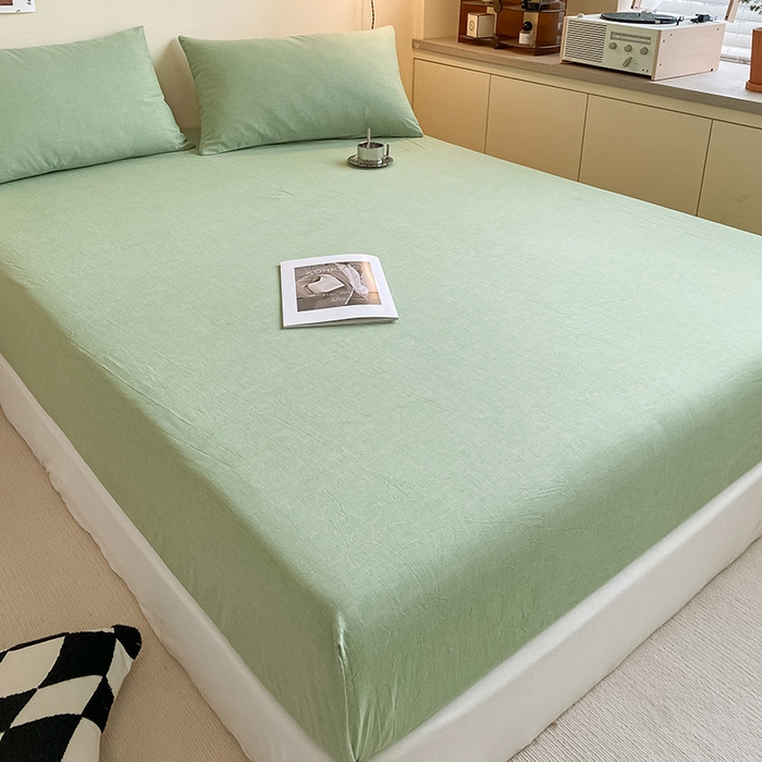 91家纺网 家纺一手货源 找家纺 眠帛家居 2024新款A类亲肤水洗棉纯色单品床笠三件套 果绿
