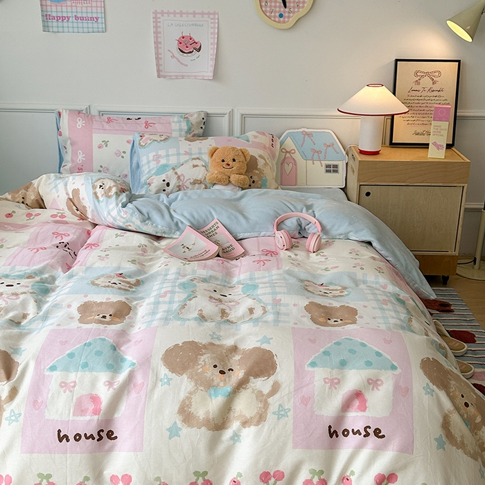 91家纺网 家纺一手货源 找家纺 昔可家纺 2024新款秋冬新款棉加牛奶绒四件套 拼接油画狗