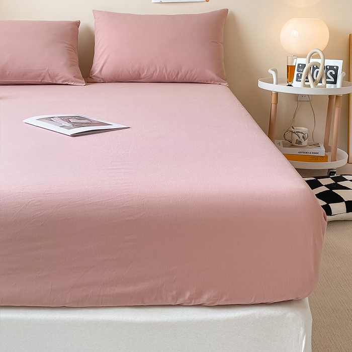 91家纺网 家纺一手货源 找家纺 眠帛家居 2024新款A类亲肤水洗棉纯色单品床笠三件套 豆沙